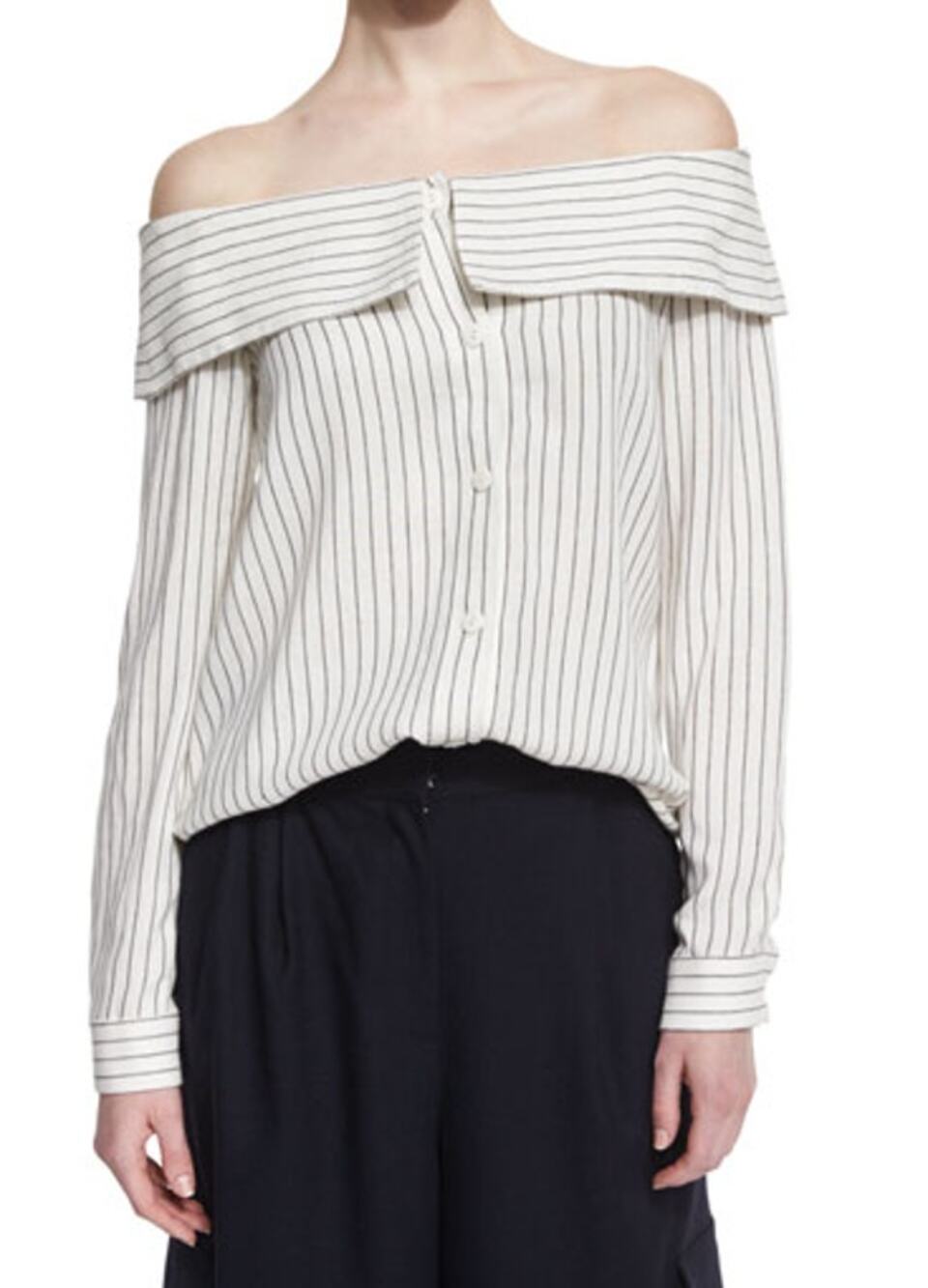 Tibi Frederic Off Shoulder Striped Button Down Top Ivory Black Size M Designer